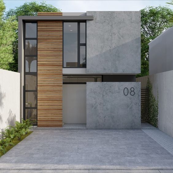Frente de casa de dos pisos estilo minimalita moderno