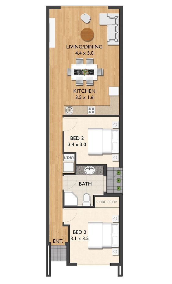 Plano de casa pequena alargada con dos dormitorios y un bano