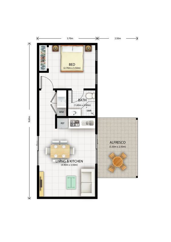 Plano de casa pequena alargada con un dormitorio y patio