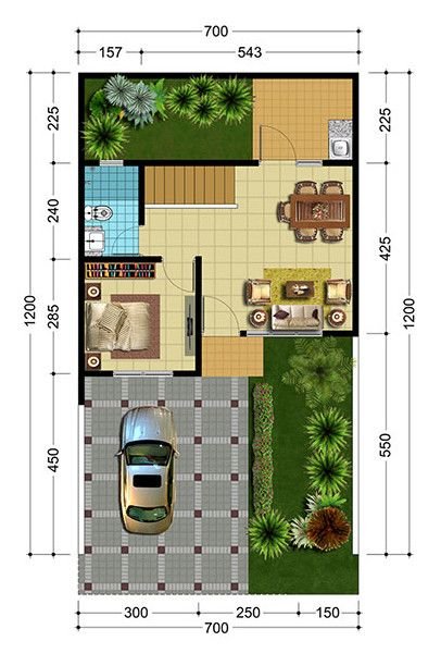 Plano de casa pequena con un dormitorio y cochera