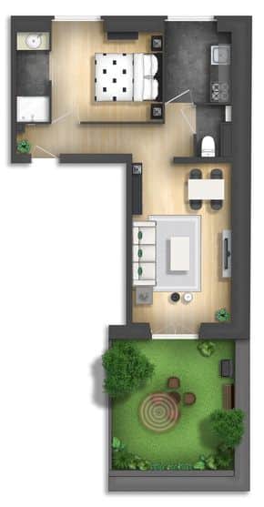 Plano de casa pequena con un dormitorio y patio