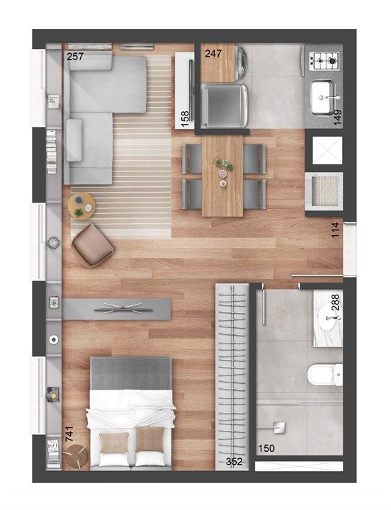 Plano de casa pequena cuadrada con un dormitorio y patio