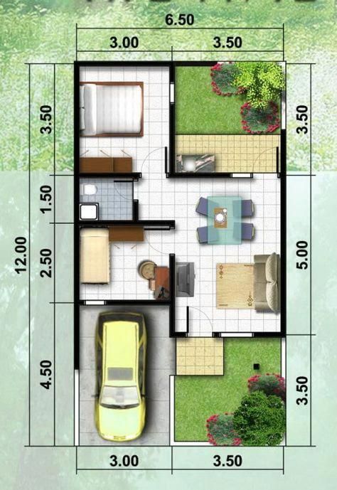 Plano de casa pequena rectangular con dos dormitorios y cochera