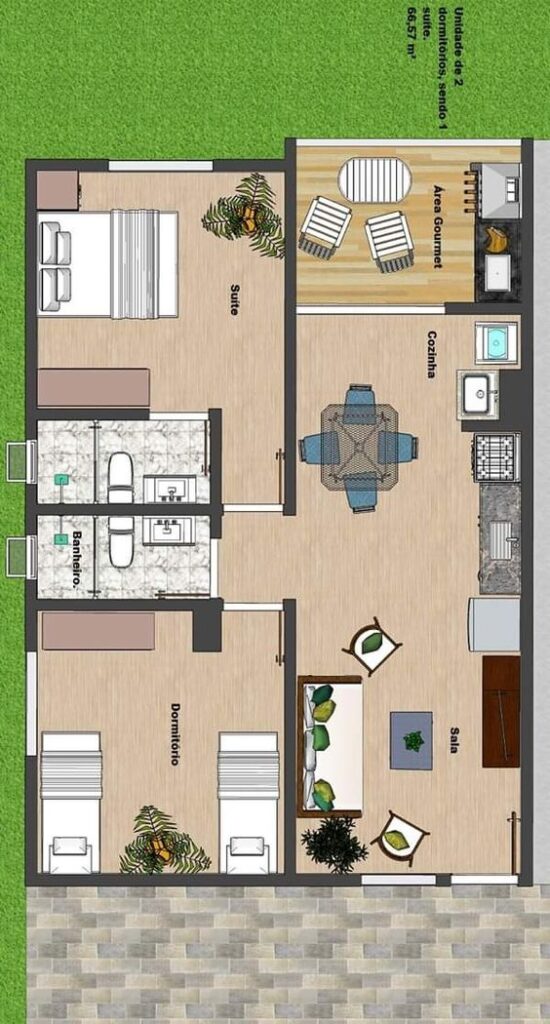 Plano de casa pequena rectangular con dos dormitorios y dos bano