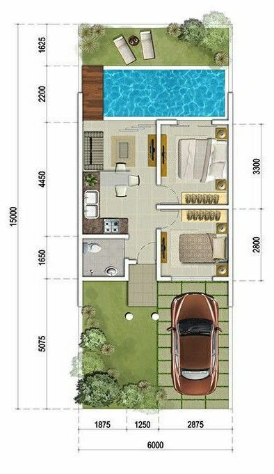 Plano de casa pequena rectangular con dos dormitorios y piscina