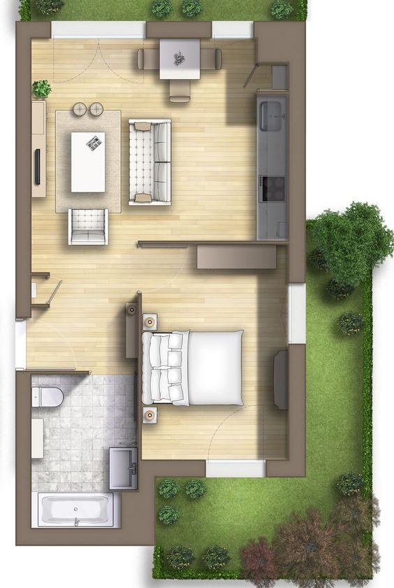 Plano de casa pequena rectangular con un dormitorio y patio