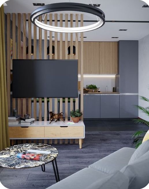 division de ambientes con mueble de tv de madera