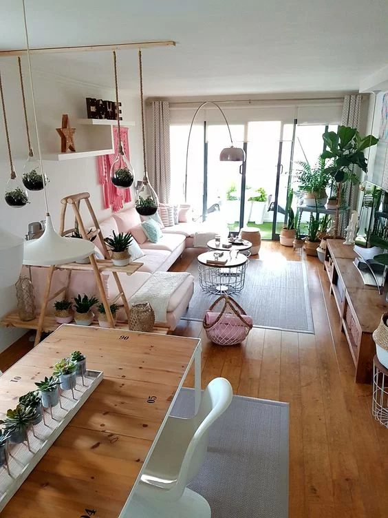 Ideas disenos living comedor rectangular pequeno chic