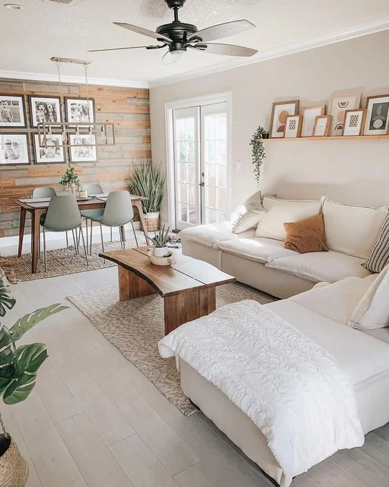 Ideas disenos living comedor rectangular pequeno rustico chic