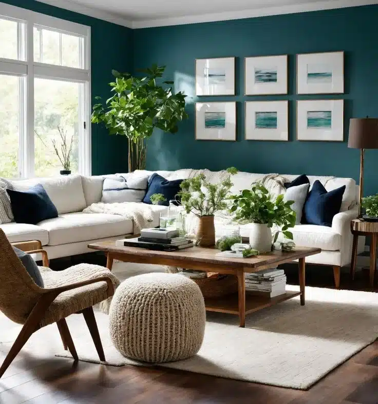 Sala de estar con paredes azul verdoso