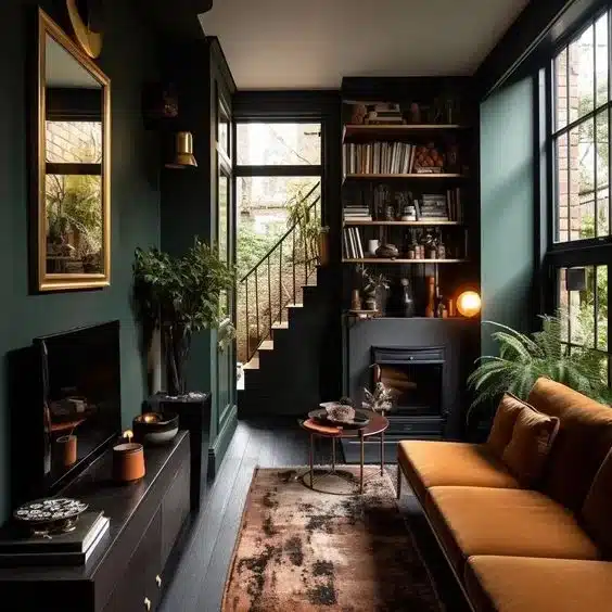 Sala de estar pequena con pared verde oscuro