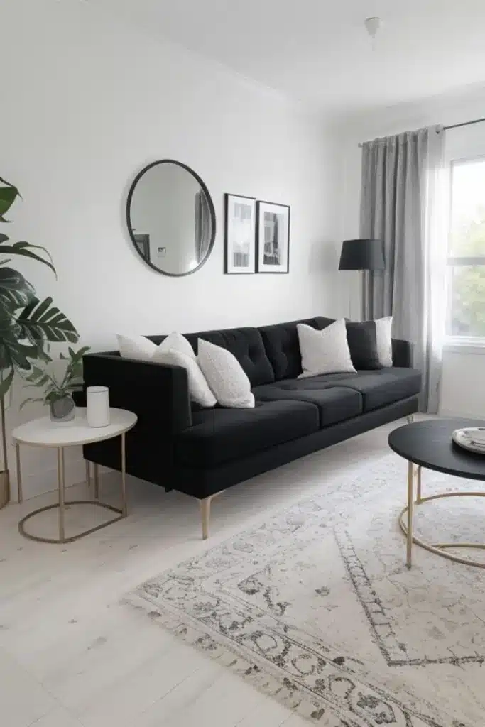 Sala de estar minimalista en negro y blanco