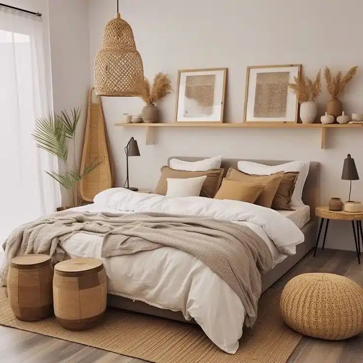 Dormitorio matrimonial con pared blanco roto y decoracion beige