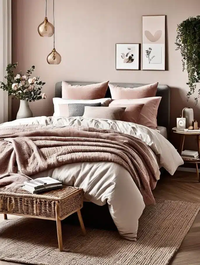 Dormitorio matrimonial pequeño con pared rosa grisaseo