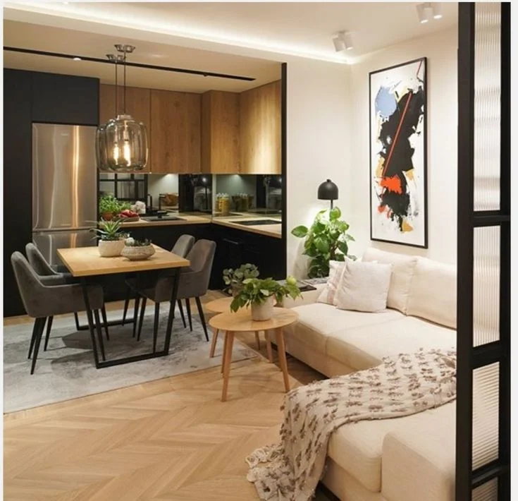 Cocina en L integrada al living comedor