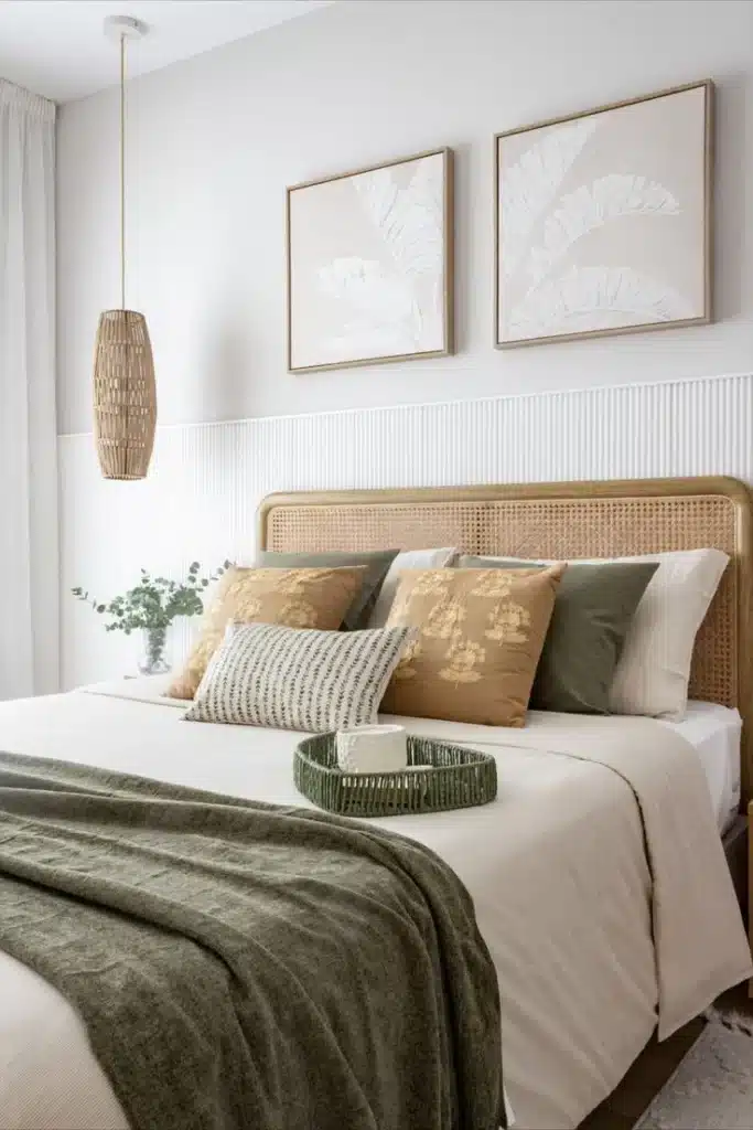 Dormitorio con pared marfil y decoracion verde