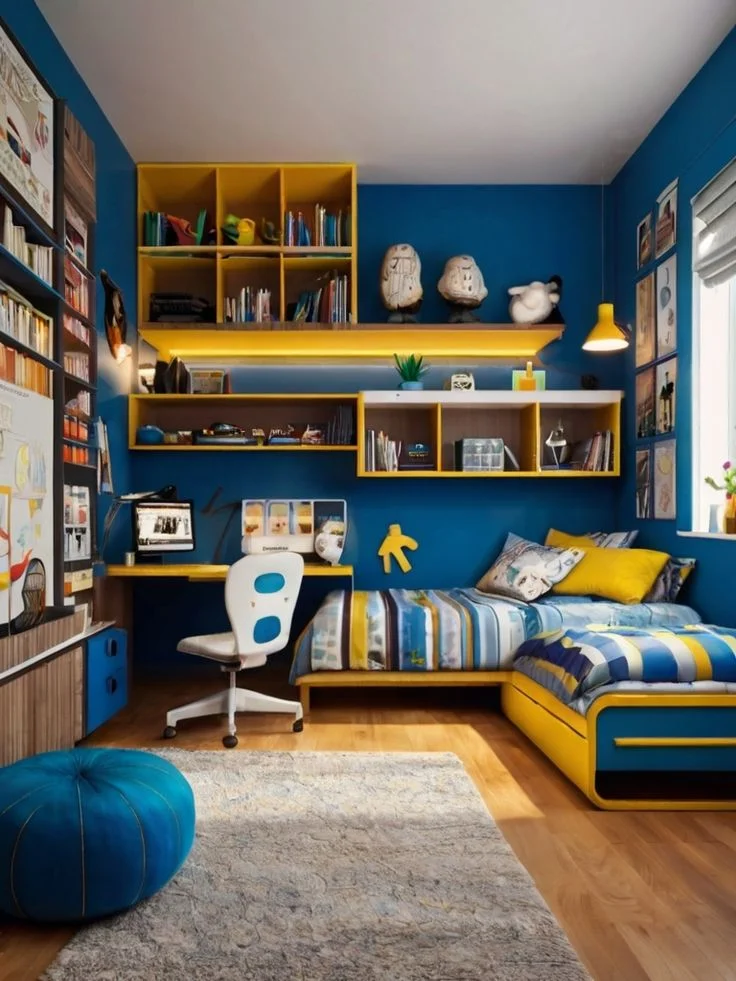 Habitacion pequeña para niños azul y amarilla