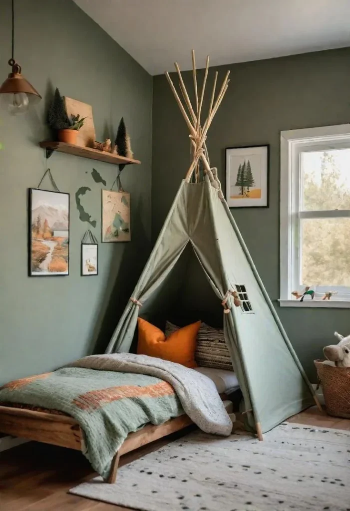 Habitacion pequeña para niños verde olivo y blanco