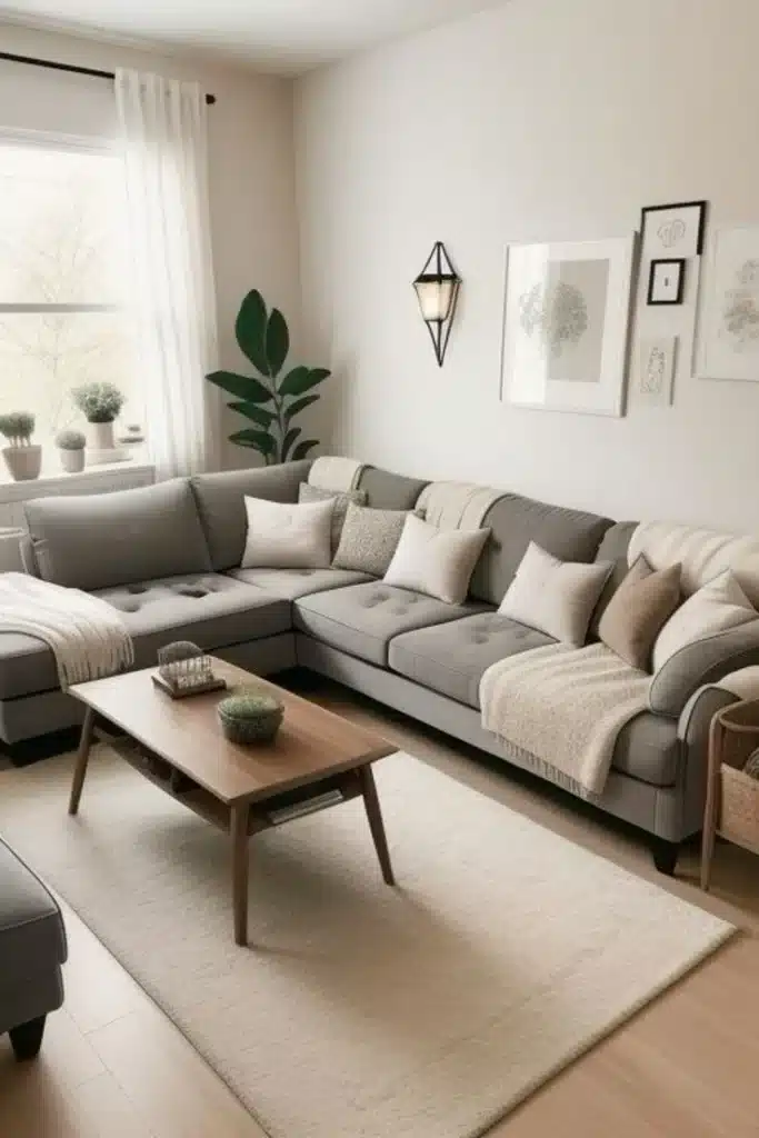Sala de estar con pared marfil y sofa gris