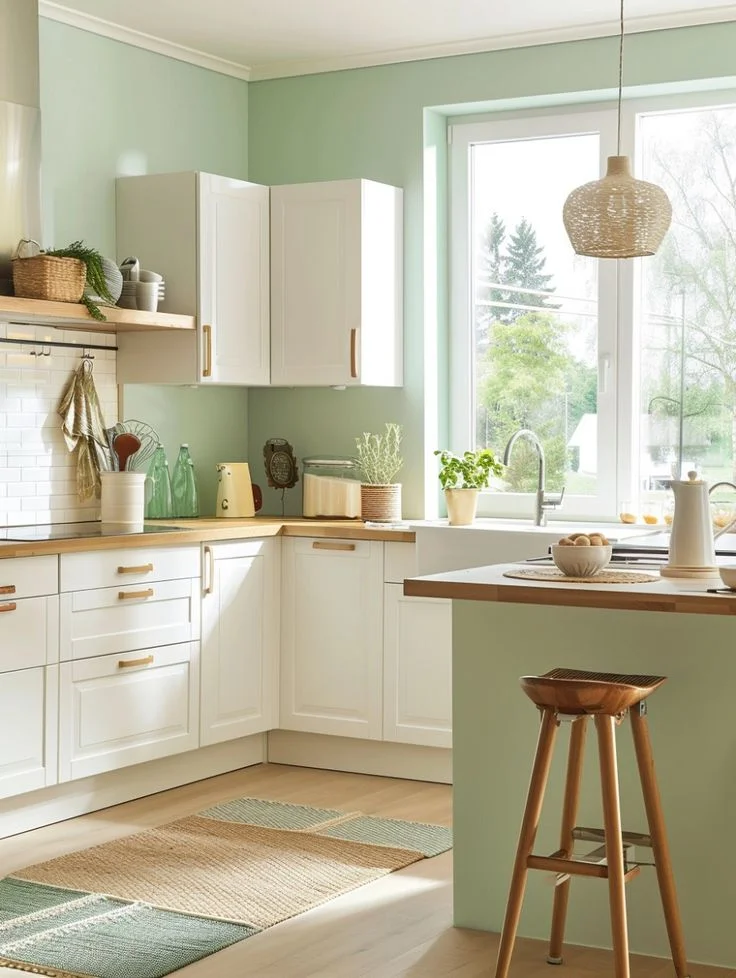 Cocina con pared verde menta