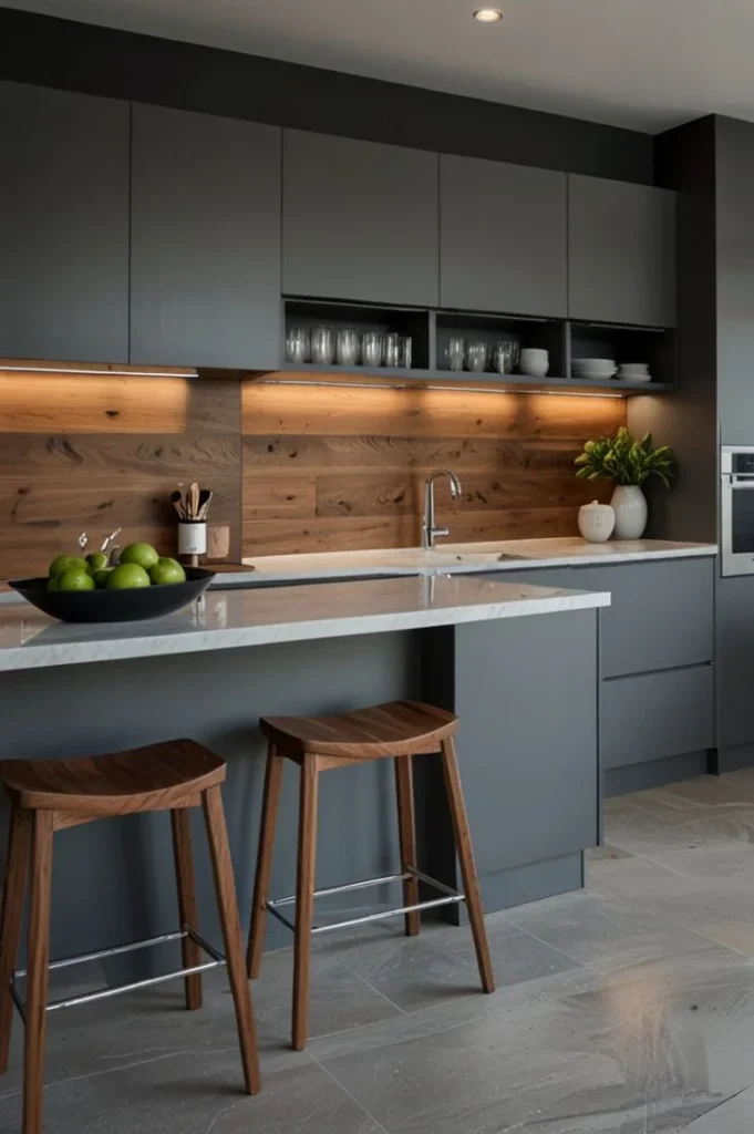 Cocina pequeña con mueble gris oscuro mesada blanco y revestimiento simil madera
