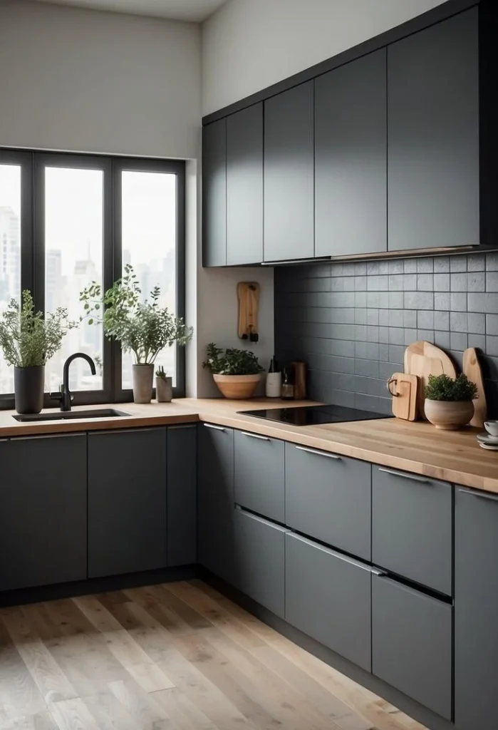 Cocina pequeña con mueble gris oscuro mesada madera y revestimiento negro