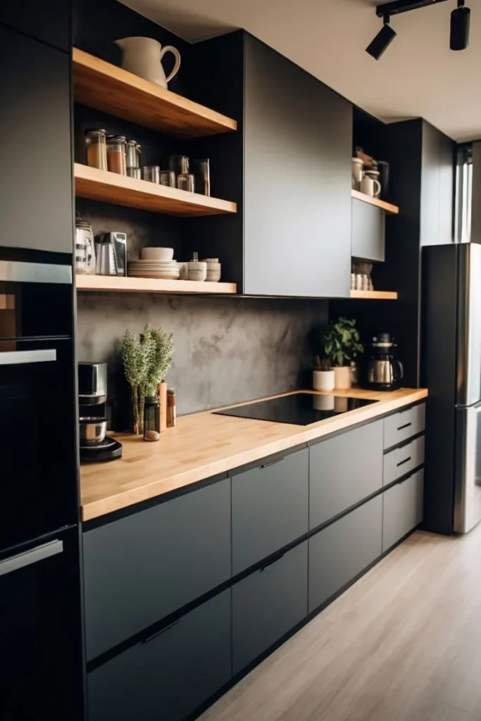 Cocina pequeña con mueble gris oscuro mesada madera y revestimiento simil cemento