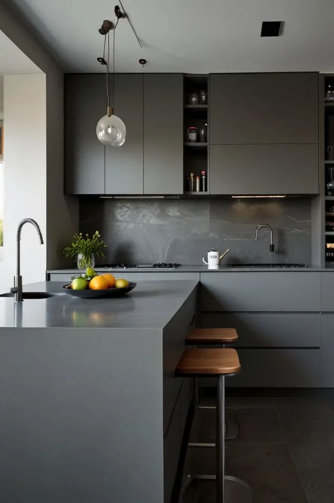 Cocina pequeña con mueble gris oscuro mesada y revestimiento simil marmol negro