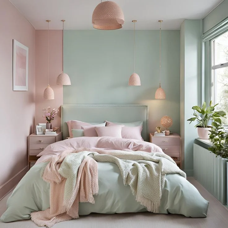 Paredes verde menta combinado con rosa claro