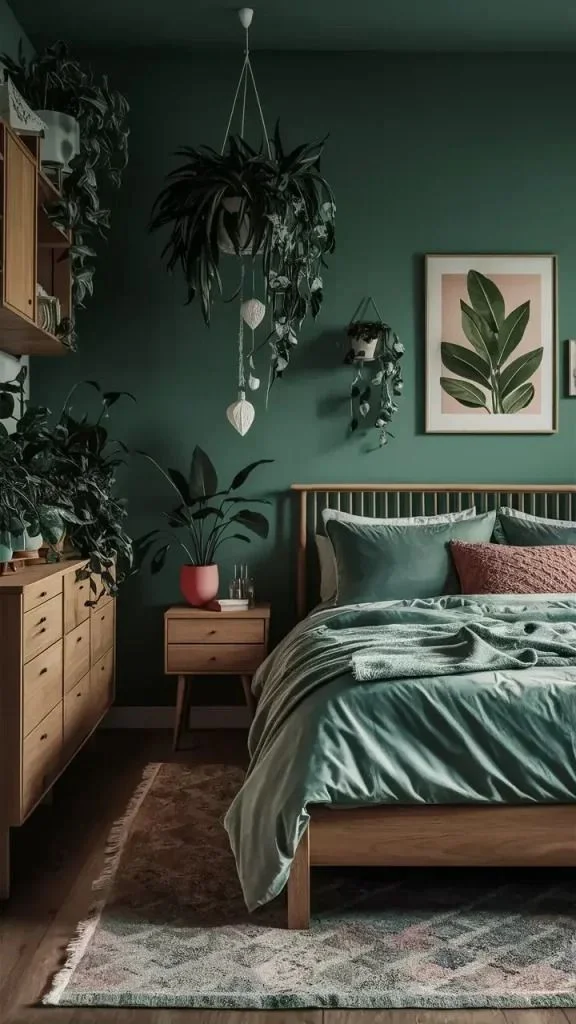 Paredes verde oscuras combinada con madera
