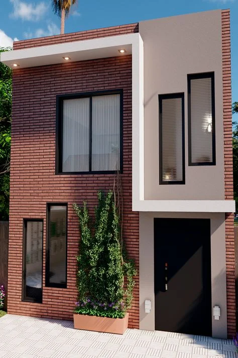 casa pequeña de dos plantas con ladrillo visto y beige