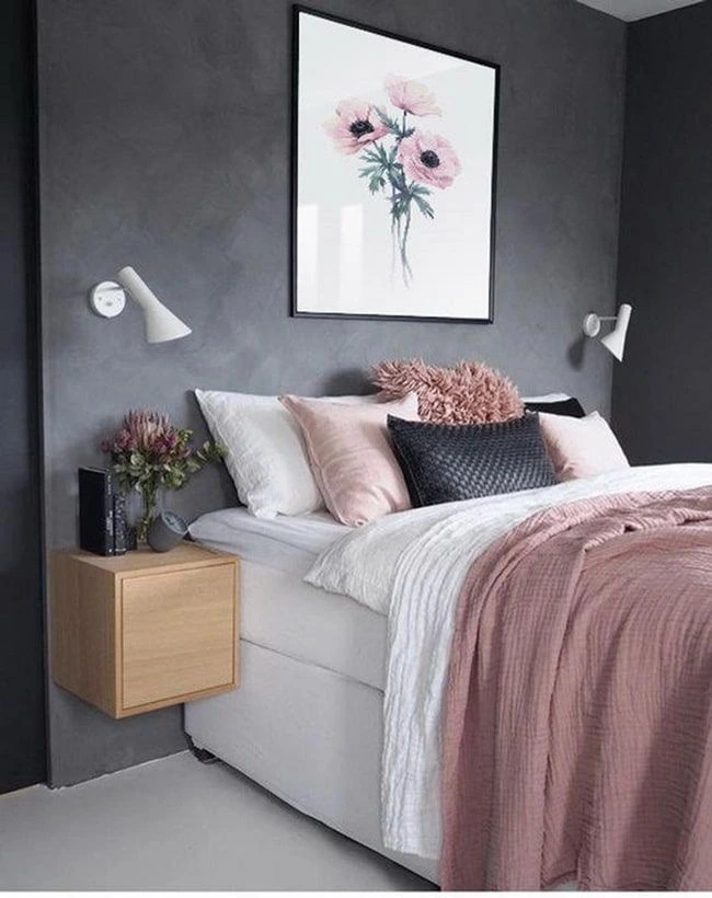 Dormitorio paredes gris oscuro combinado con rosa