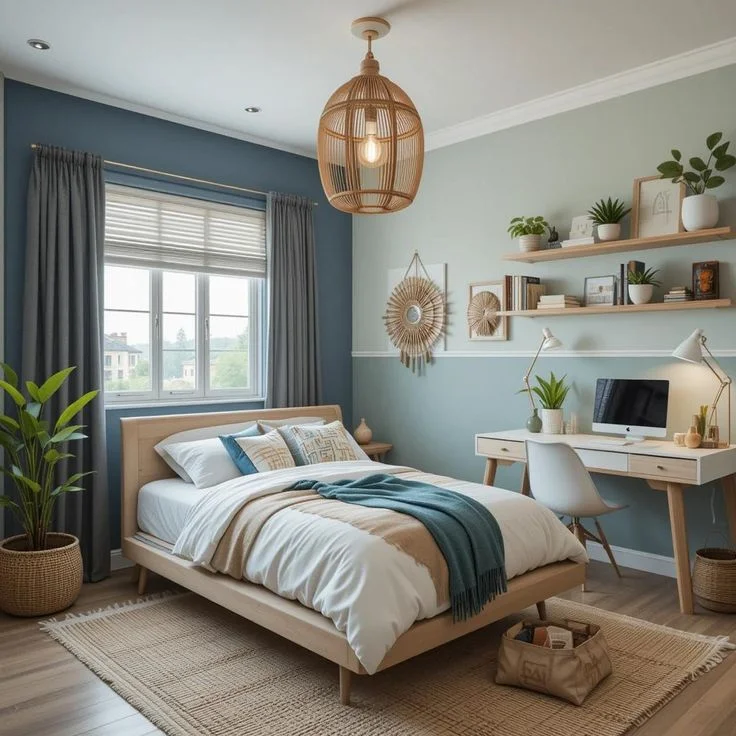 Dromitorio pequeño gris azulado con muebles de madera juvenil moderno