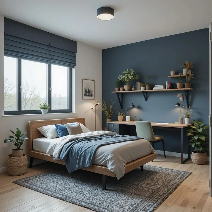 Dromitorio pequeño gris azulado oscuro con muebles de madera