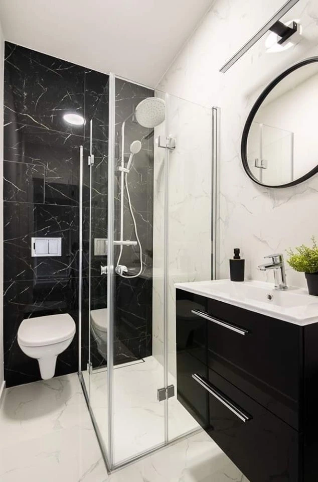 baño pequeño en blanco y negro pared marmol
