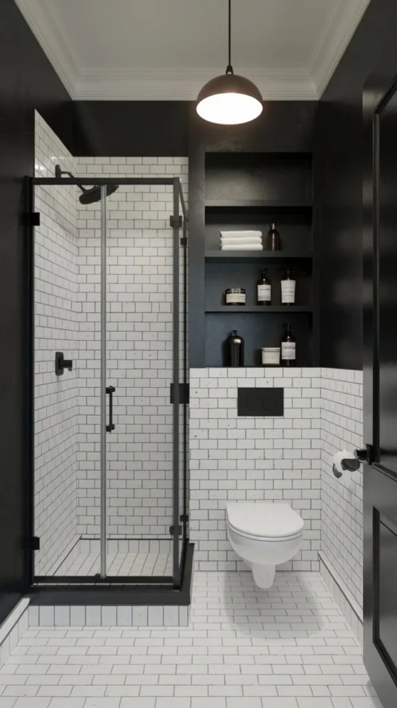 baño pequeño en blanco y negro pared negra azulejos blancos