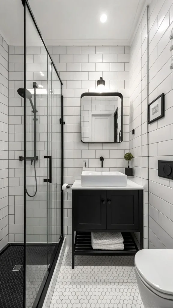 baño pequeño en blanco y negro rectangular