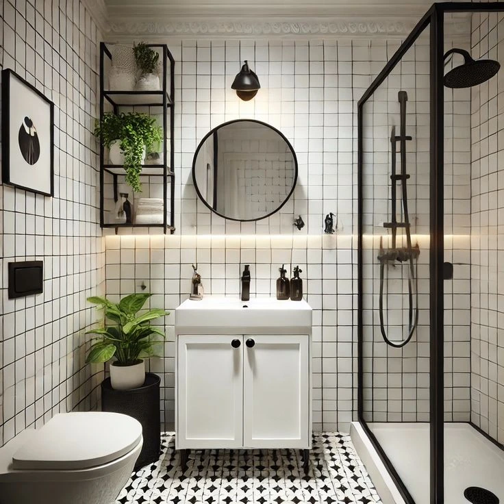 baño pequeño en blanco y negro vintage
