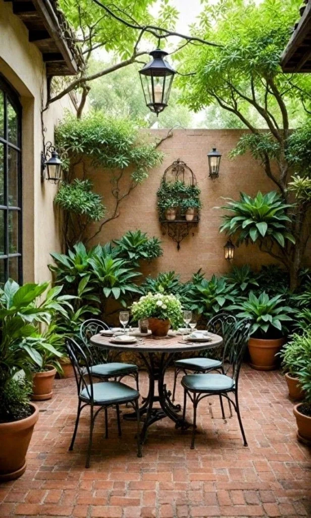 Patio pequeño con piso de ladrillo visto estilo retro colonial