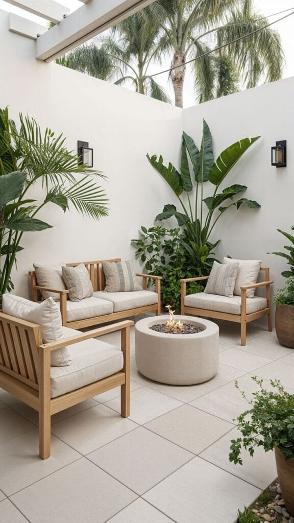 Patio pequeño con piso de porcelanato claro con estilo moderno tropical