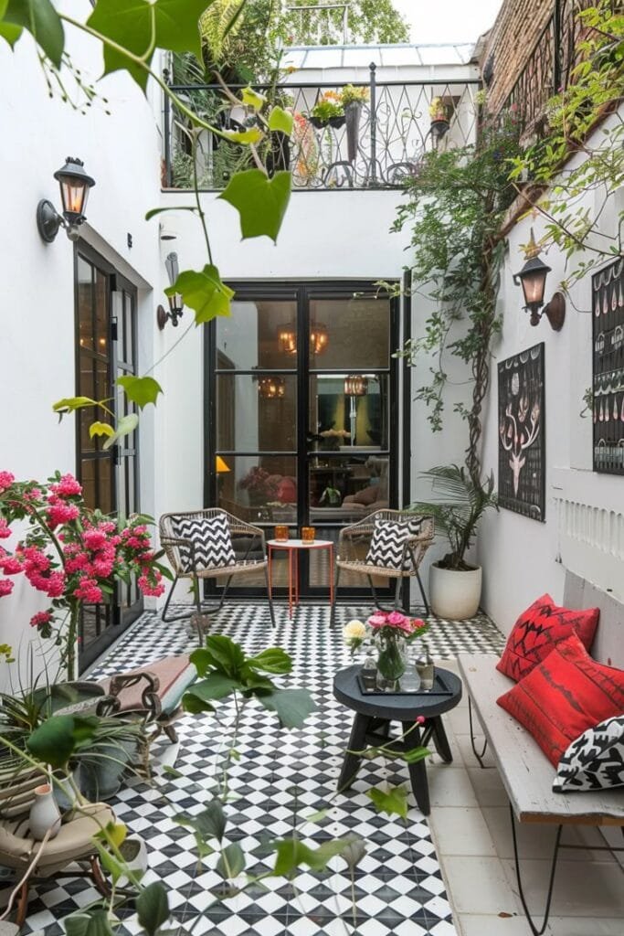 Patios pequeños con piso de ceramica en blanco y negro