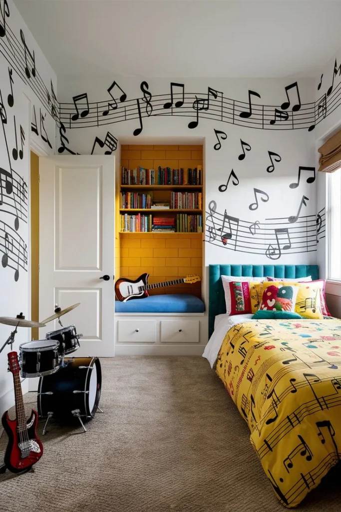 habitacion infanto juvenil con estilo musical