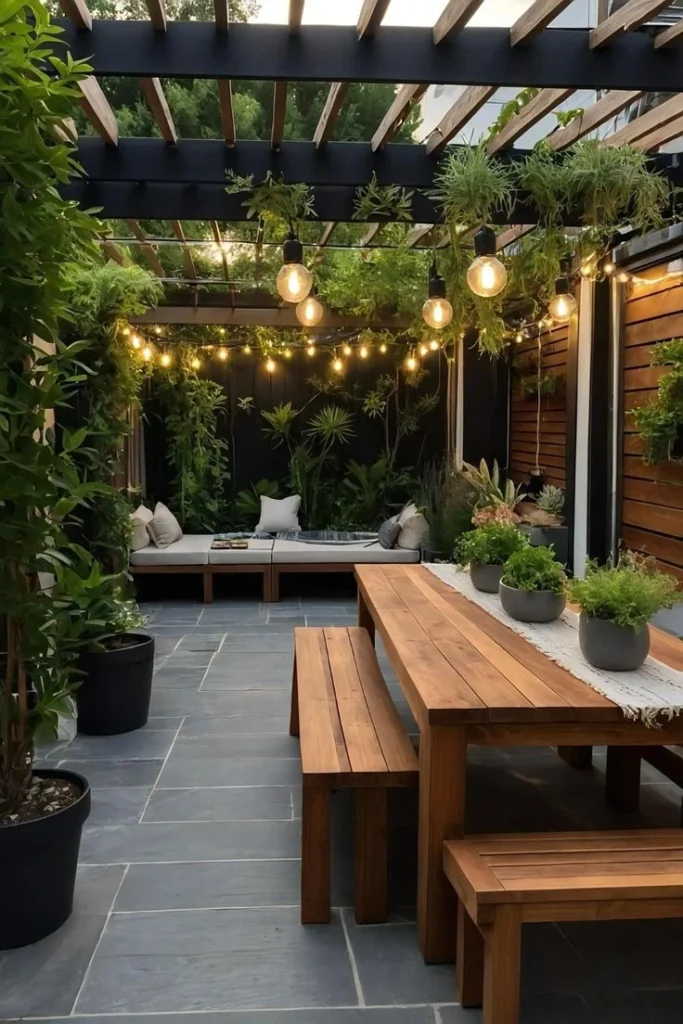 patio pequeño con piso de piedra natural negra